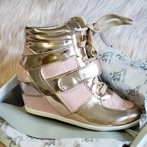 Rose gold and pink wedge sneaker